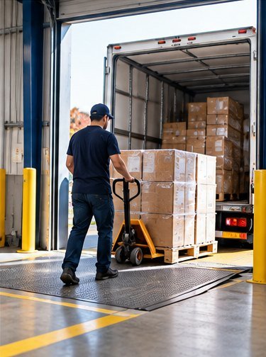 Worker moving a pallet of boxes into a truck at the loading dock