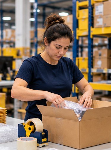 Worker packing a wrapped product into a cardboard box