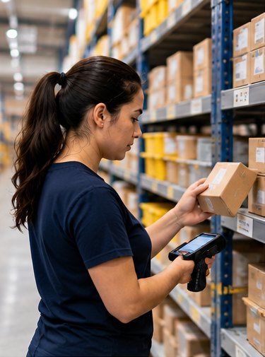 Warehouse worker scanning a box with a handheld scanner beside storage shelves