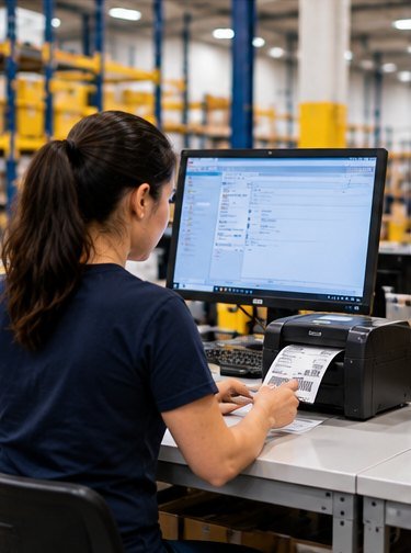 Worker printing a shipping label at a computer station